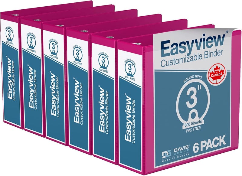Davis Group Easyview Premium 3-Ring Binders with Clear-View Covers and Round Rings, Binders for School or Office, 3 Inch, Pack of 6, Pink - Image 1